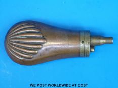 A brass mounted embossed copper powder / shot flask, length 11.