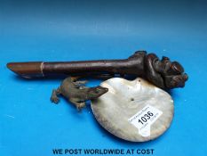 A ceremonial bronze / gilt lizard and mother of pearl dish with root handle,