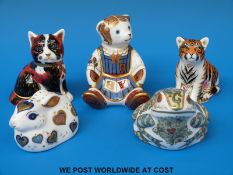 Five Royal Crown Derby paperweights including Sumatran Tiger Cub, New Year, Marsh Frog,