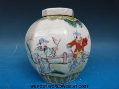 A 19thC Chinese octagonal tea caddy and cover decorated with court scenes (13cm tall)