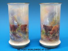 A pair of Royal Worcester cylindrical vases hand decorated with Highland cattle and signed 'Harry
