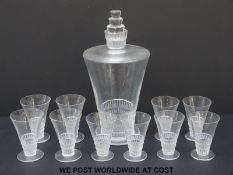 Lalique Bourgueil Art Deco carafe (24cm tall) and ten matching glasses (7.