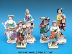 A collection of six German porcelain figures including pair of Dresden musicians,