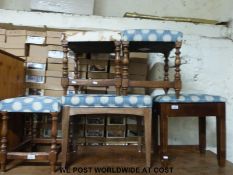 Five various upholstered stools and a wicker coffee table