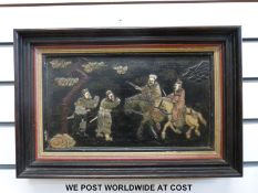 A Japanese Shibayama table top converted to a framed picture (22 x 38cm) depicting two mounted