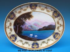 A Noritake oval tray hand decorated with a scene of swans,