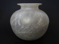 Royal Brierly iridescent glass vase of globular form with gold crackle design over white ground