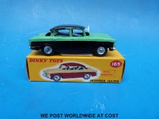 Dinky Toys diecast model Humber Hawke 165 with green upper and black lower body and roof,