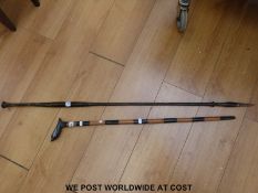 A horn and alternating wooden walking stick with a horn handle modelled as a bird and a carved