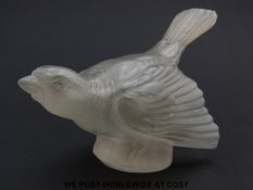 Daum Nancy clear glass model of a sparrow on a rock with grey staining,