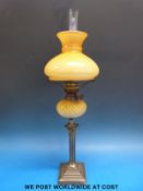 A Corinthian column oil lamp with wrythen glass reservoir (height 54cm)