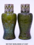 A pair of Kralik crackle iridescent glass vases of waisted form with pierced chrome metal mounts