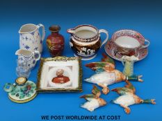 A relief moulded Sunderland lustre jug, two plaques, cloisonné vase, Worcester jug,