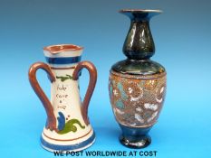 Torquay Ware tyg jug with inscription and a Royal Doulton vase