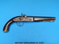 A hammer action percussion pistol with brass mounts, lock named Edgecump, Poole and 9