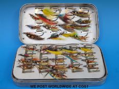 Hardy fly box containing 59 salmon flies