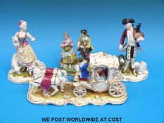 Three continental figures including Sitzendorf lovers and a carriage with horses