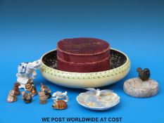 A Royal Doulton shallow lustre bowl, a bronze figure of a wren on a dish,