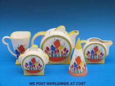 A collection of Art Deco Clarice Cliff style Crocus pattern ceramics by Moorland Pottery including