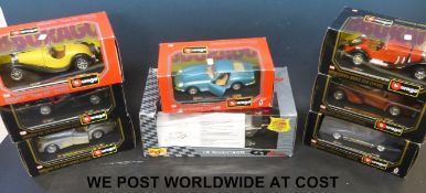Seven Burago 1:24 scale diecast model vehicles together with a Maisto GT Racing 1:18 scale Mercedes