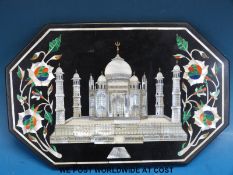 A pietra dura and mother of pearl plaque with decoration of the Taj Mahal (width 22cm)