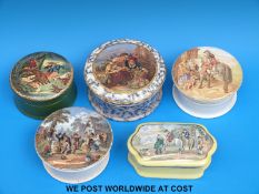 Four lidded Prattware paste pots including hunting scenes, village wedding, Murillo Pinx etc,