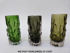 Three Geoffrey Baxter for Whitefriars textured bark cylindrical glass vases pattern 9689 in sage,