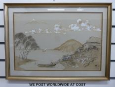 A Japanese pen ink and gouache picture of a mountainous lake scene