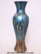 Dave Barras for Okra iridescent glass vase of waisted form decorated with white flowers amongst