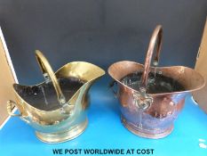 A brass coal scuttle and a copper example