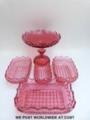 Five pieces of Bohemian cut cranberry glass to include tazza (20cm tall,