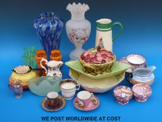 A collection of ceramics including Art Deco pottery jug, Crown Devon dishes, lustre pedestal salts,