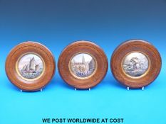 Three oak framed Prattware pot lids including Tom O' Shanter & Herring Fishing etc