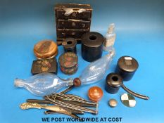 A collection of dressing table items including miniature Japanese chest of drawers,