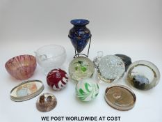 Nine various paperweights by Caithness and others together with a white metal mounted scent bottle,