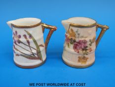 Two c1900 Royal Worcester barrel shaped jugs hand painted with flowers (6cm tall)