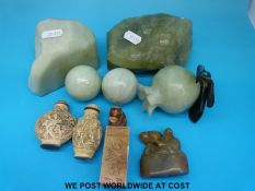 Two jadeite/ hardstone boulders, two hardstone/ jadeite balls, a pomegranate and two Chinese seals,