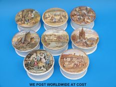 Six lidded Prattware paste pots including Shakespeare,