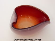 Heart shaped glass dish with red interior cased in an outer layer of white opaline glass,