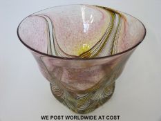 George Elliott studio glass bowl of graduated form raised on square base with brown swirls over a