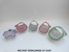 Five pieces of Vasart glass, four baskets or bon bon dishes and a small bowl with wavy rim,