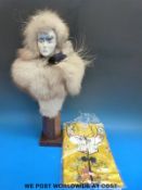 An Art Deco style bust of a lady together with an embroidered Chinese silk shawl etc