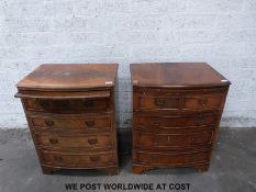 A pair of bow fronted chest of two over three drawers with brush slide and raised on bracket feet