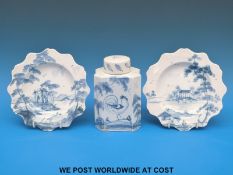 A tea caddy (16cm tall) and two dishes in English Garden pattern,