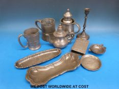 A quantity of pewter items to include Hugh Wallis dish,