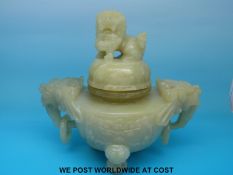 Chinese carved jade or hardstone censer decorated with Foo Dog finial and twin dragon mask handles