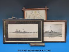 Two naval ship photographs of HMS Hood and HMS London together with an HMS Revenge poster relating