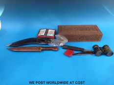 A carved Anglo Indian box, a pair of opera glasses, kukri etc.