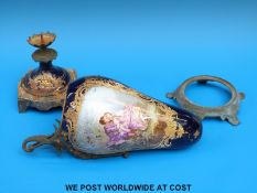 A 19thC French porcelain and ormolu pedestal vase decorated with Watteau scenes and signed Doux,