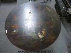 A 19thC painted lacquer table with figures in landscape to top (Diameter 55 x H70cm)